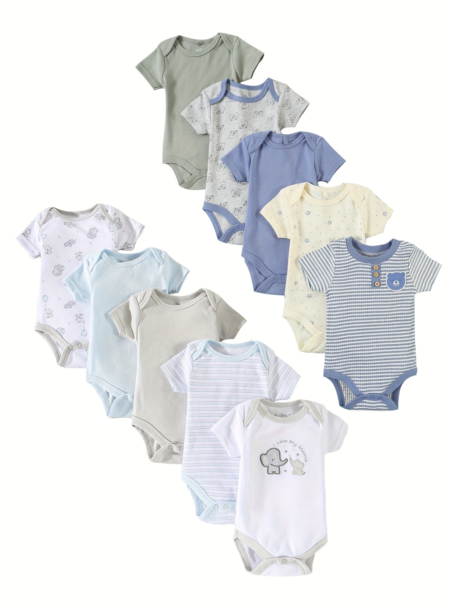 Luna & Lino Kit Body Bebê Cozy Comfort – 10 Peças em Algodão com Bordados de Urso e Elefante