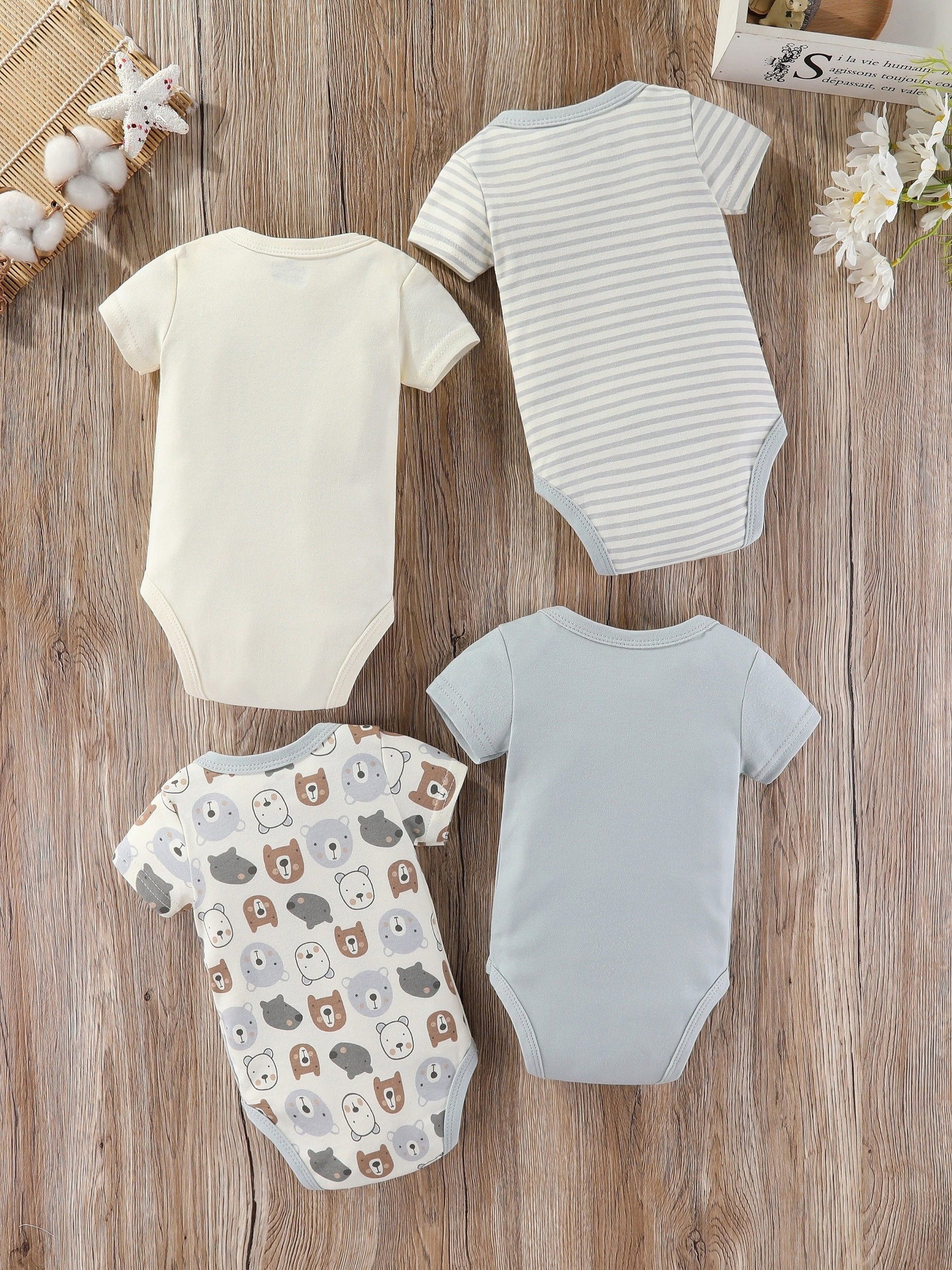 Luna & Lino Kit Romper Bebê – 4 Peças em Tons Pastel com Estampa de Ursinho