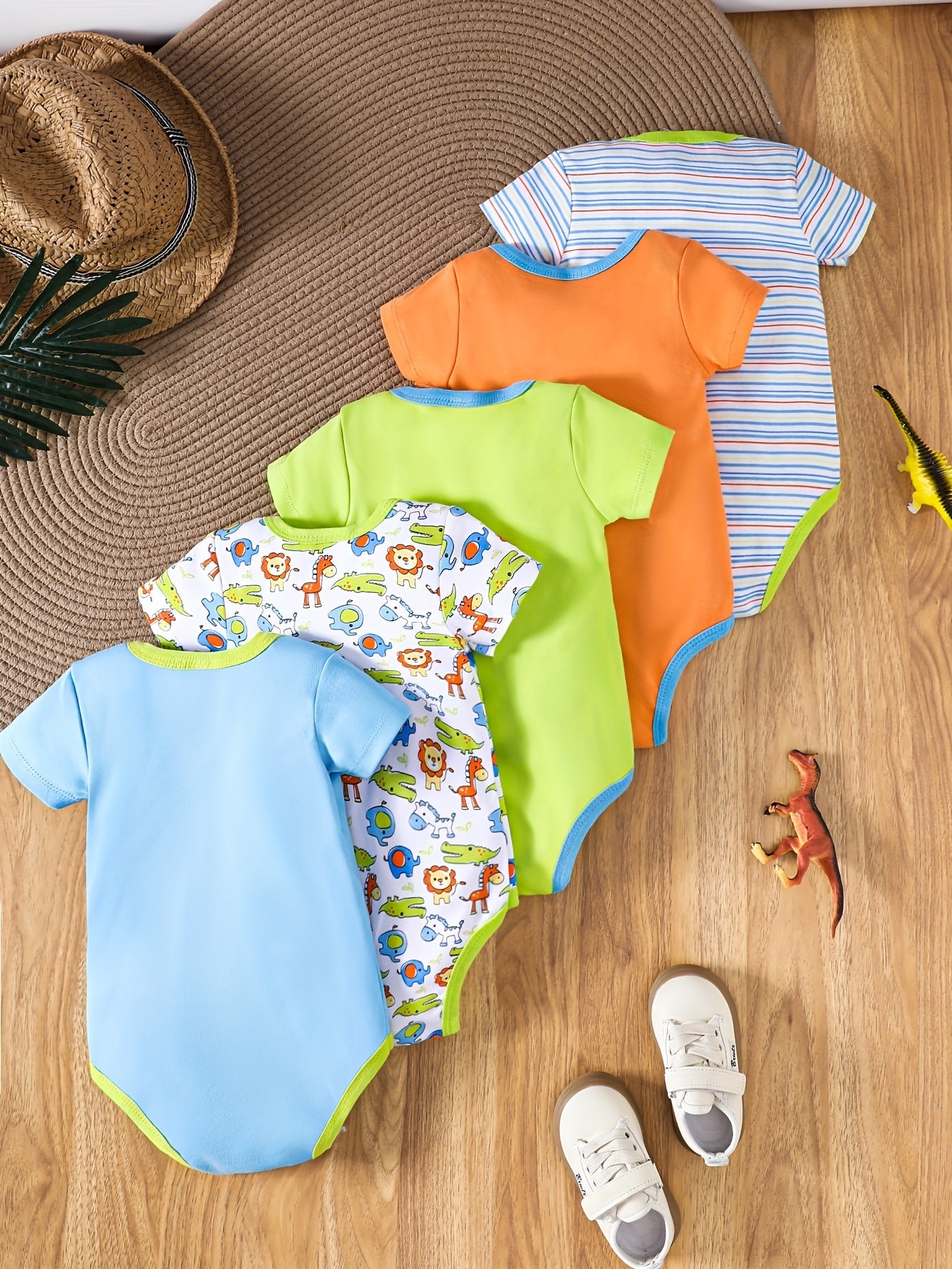 Luna & Lino Kit Romper Bebê – 5 Peças em Algodão com Estampas de Animais