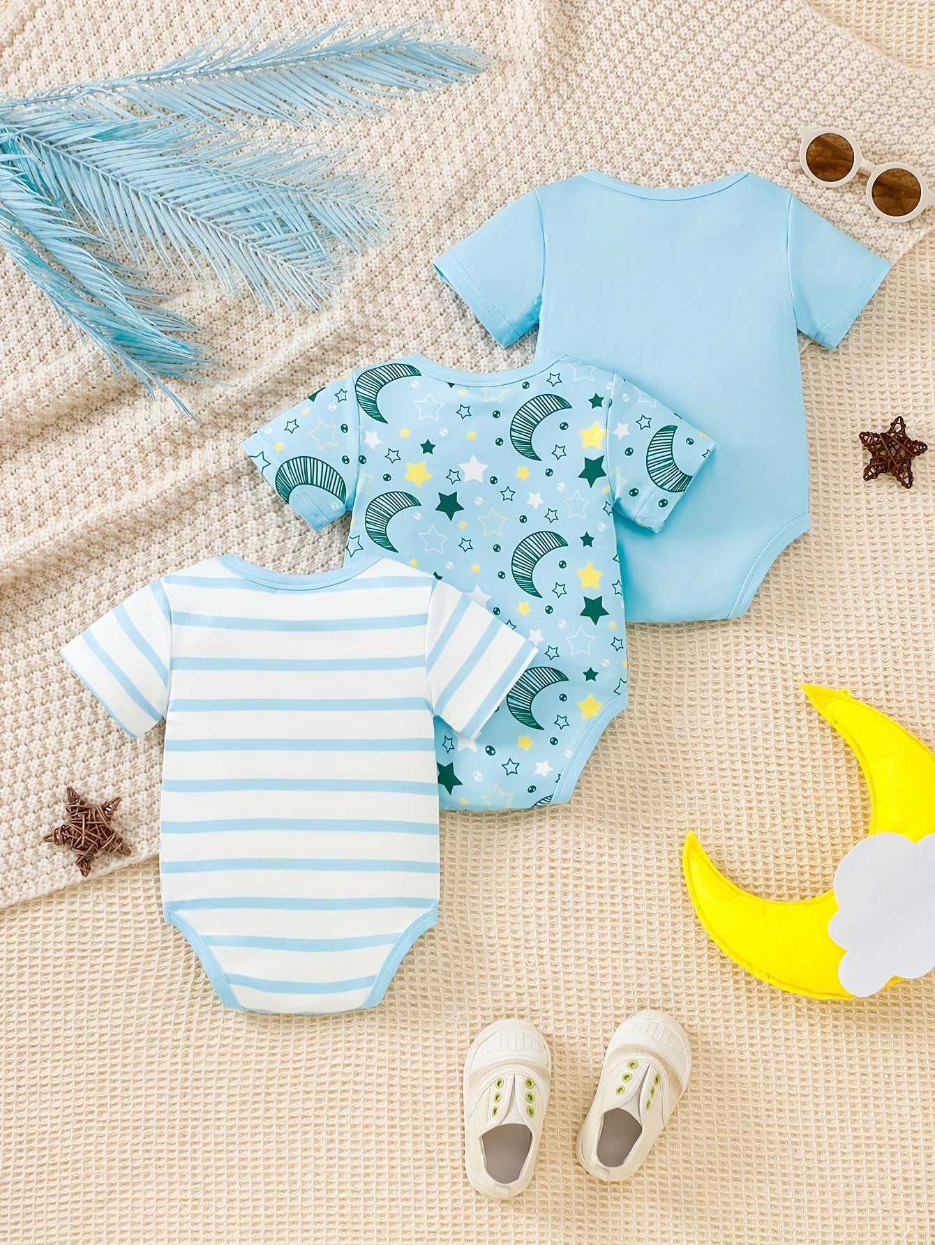 Luna & Lino Conjunto Bebê Starry Skies – Kit 3 Peças de Verão com Estampa de Estrelas