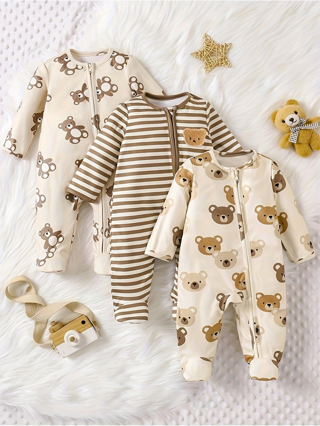 Luna & Lino Conjunto Bebê Cozy Bear Cub – Kit 3 Peças com Romper e Body de Urso
