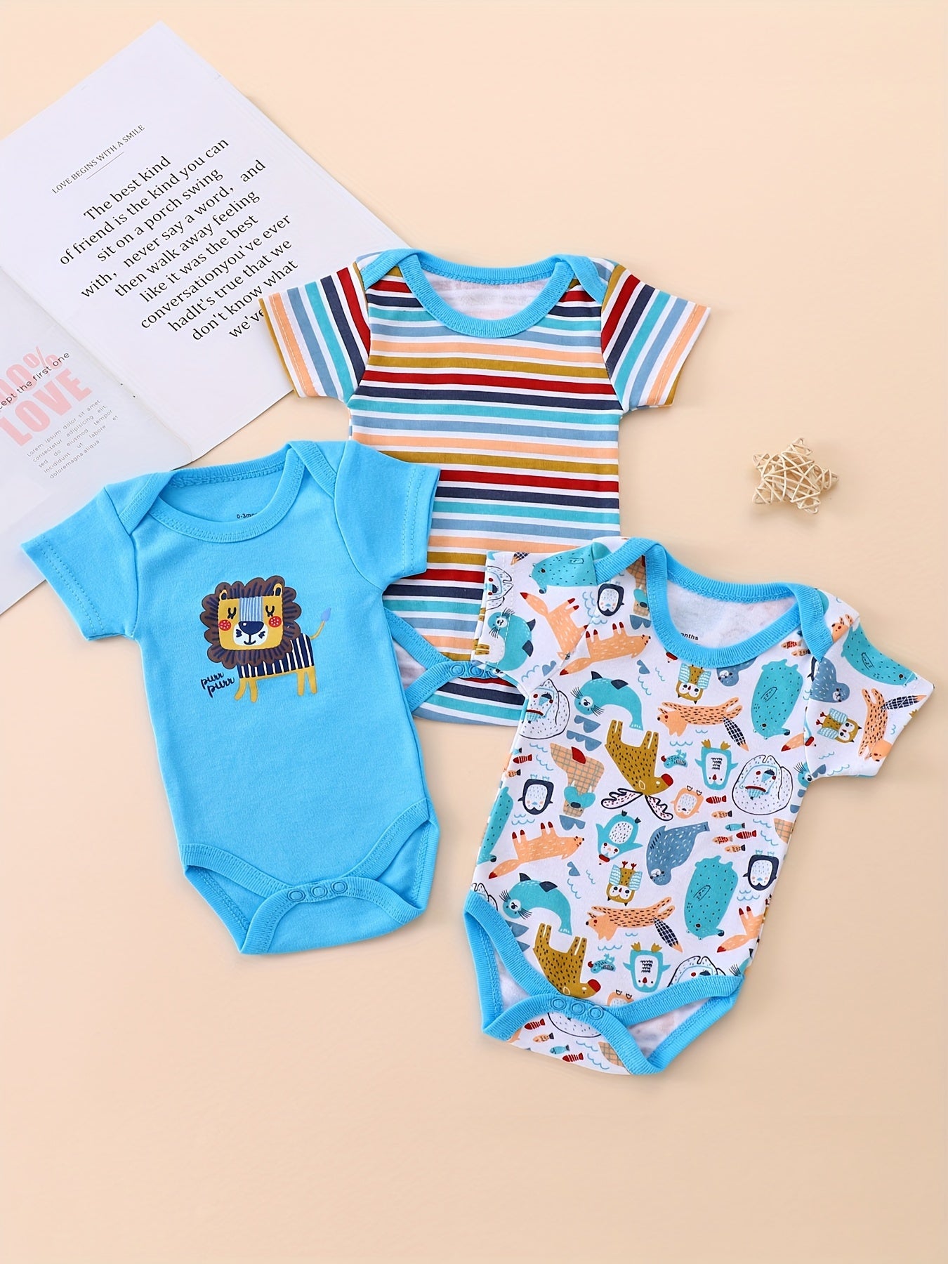 Luna & Lino Conjunto Bebê Lion Cub Adventure – Kit 3 Peças com Estampa de Leão e Animais
