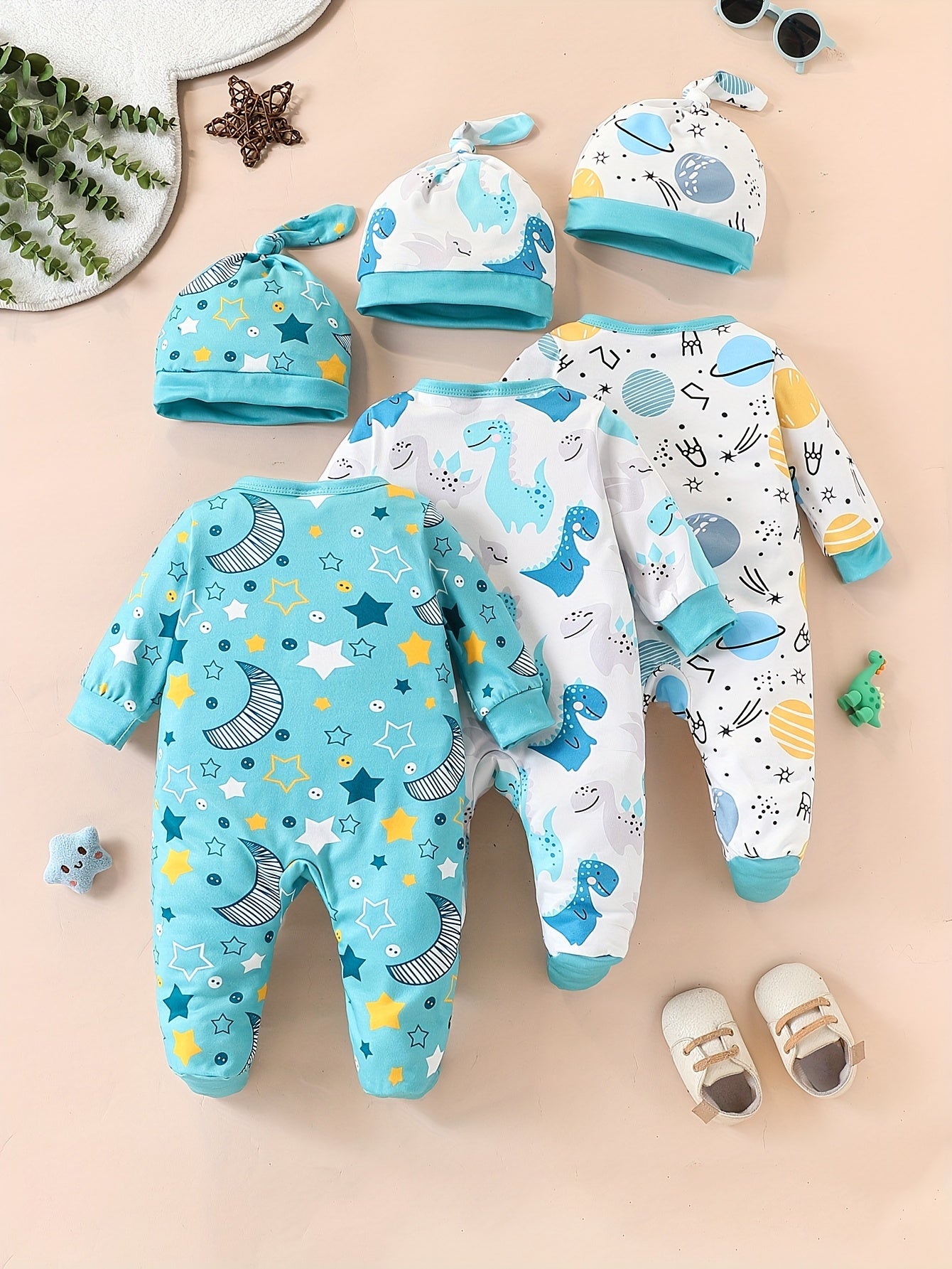 Luna & Lino Conjunto Bebê Celestial Dino – Kit 6 Peças com Estampa de Estrelas e Dinossauros