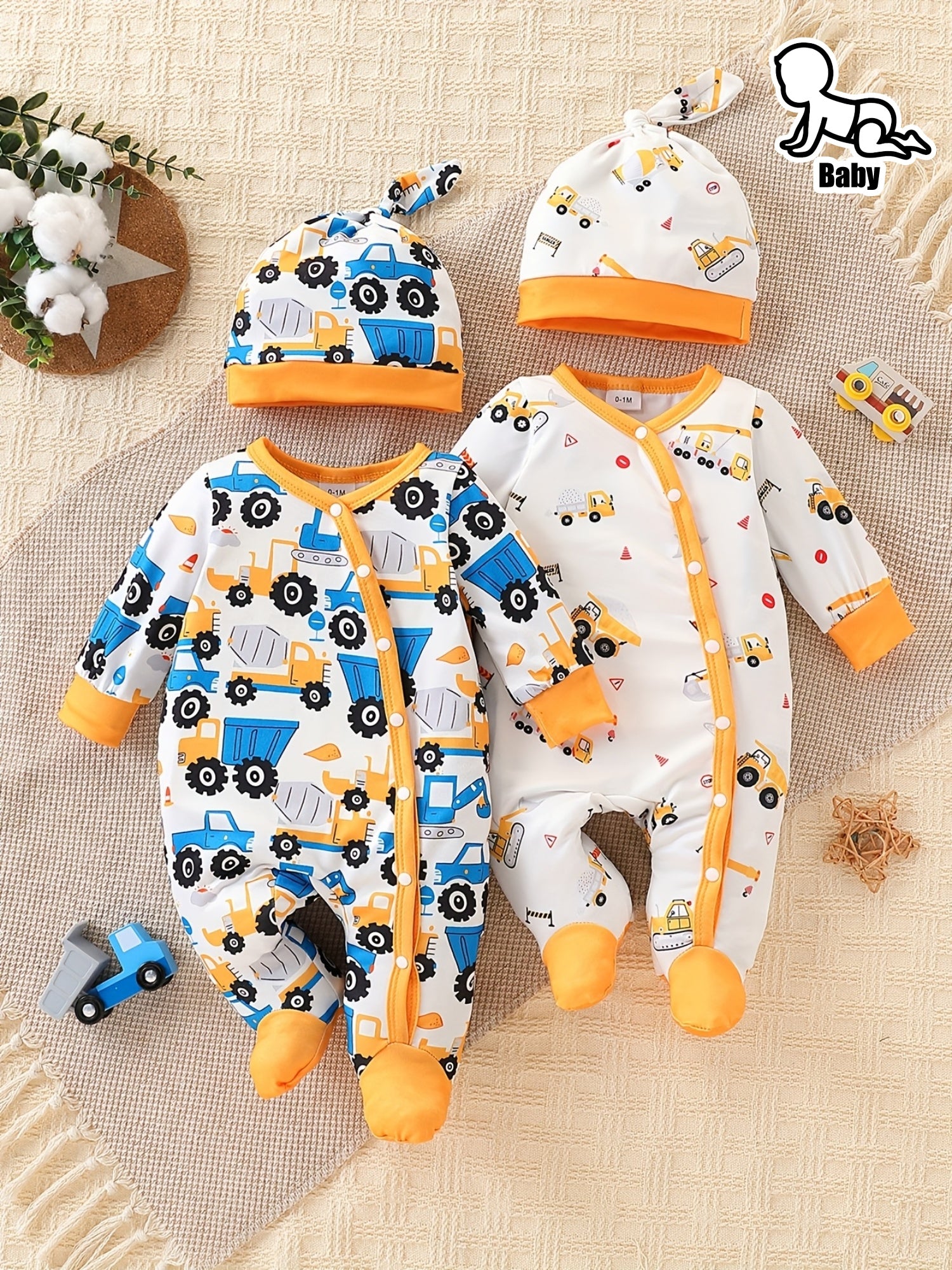 Luna & Lino Conjunto Bebê Construction Crew – Kit 4 Peças com Estampa de Veículos de Construção