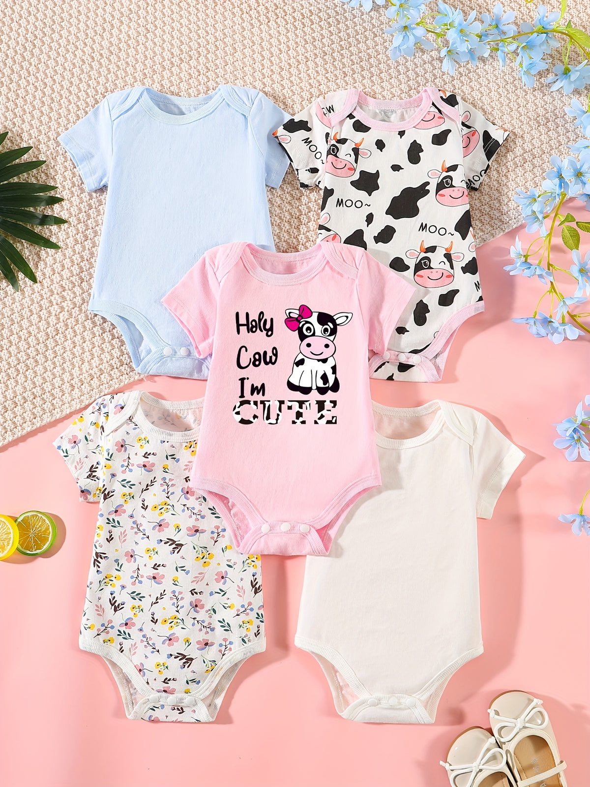 Luna & Lino Kit Body Bebê – 5 Peças de Manga Curta com Estampas Divertidas