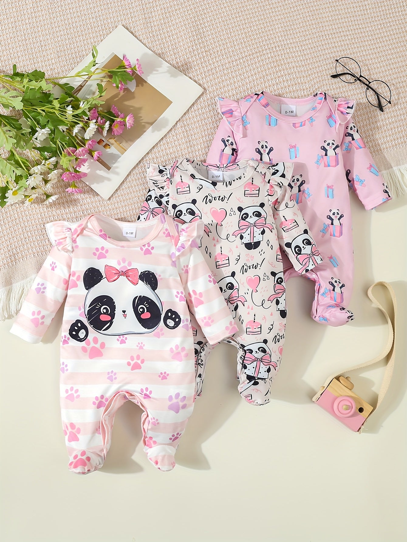 Luna & Lino Kit Body Bebê Sweet Dreams – 3 Peças de Manga Longa com Estampas de Panda e Coração