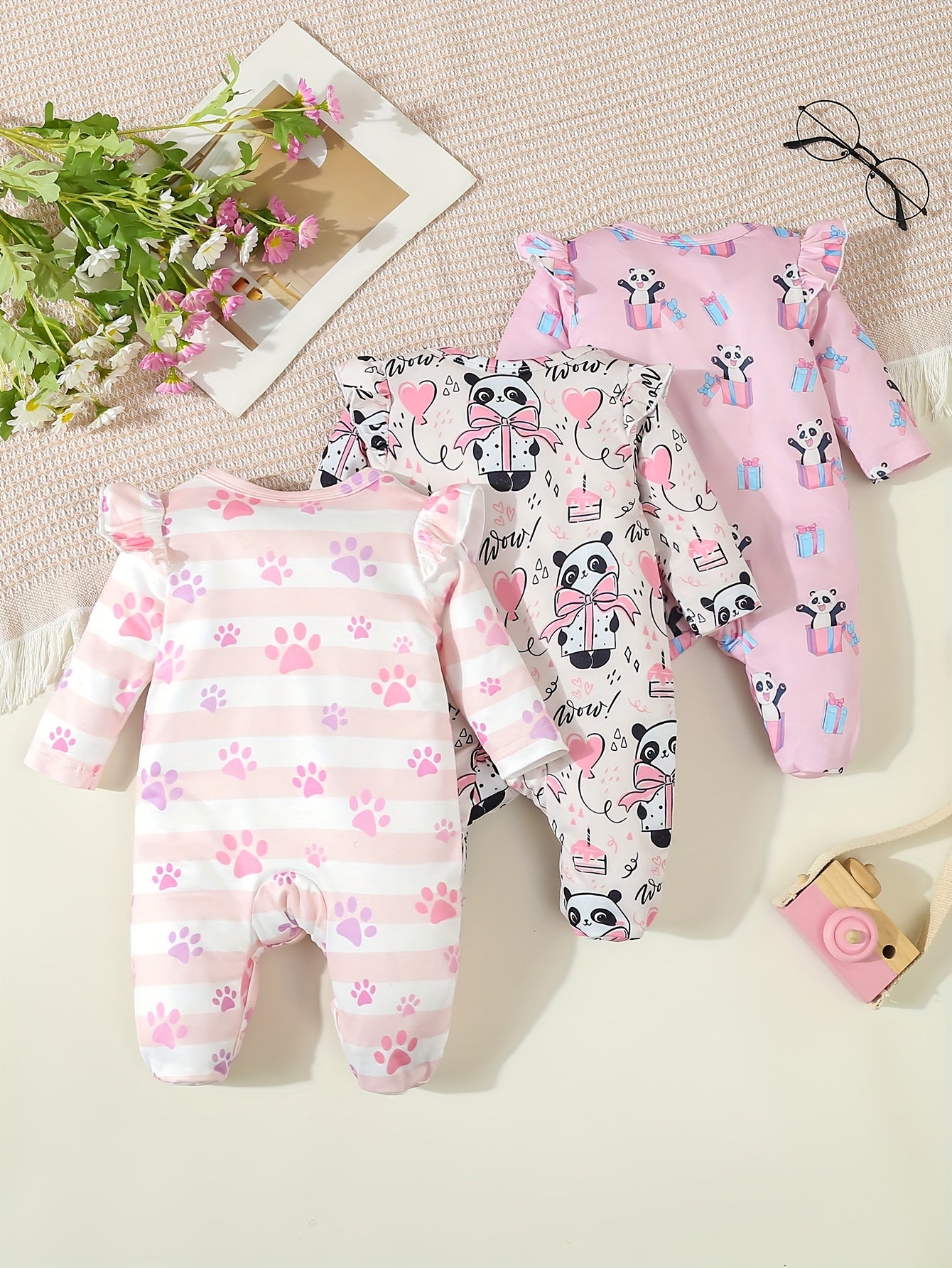Luna & Lino Kit Body Bebê Sweet Dreams – 3 Peças de Manga Longa com Estampas de Panda e Coração