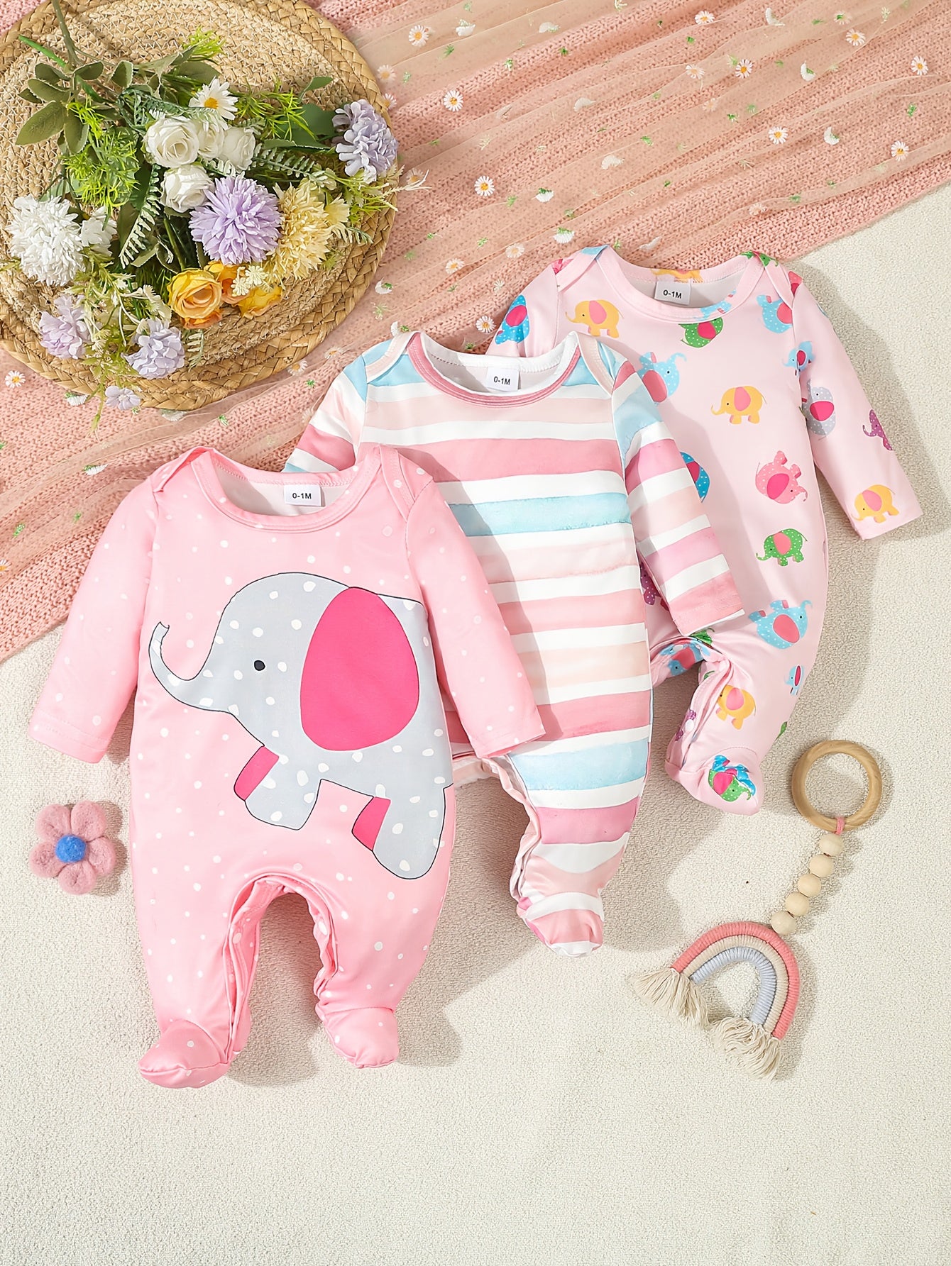 Luna & Lino Kit Romper Bebê – 3 Peças com Estampa de Elefante e Floral
