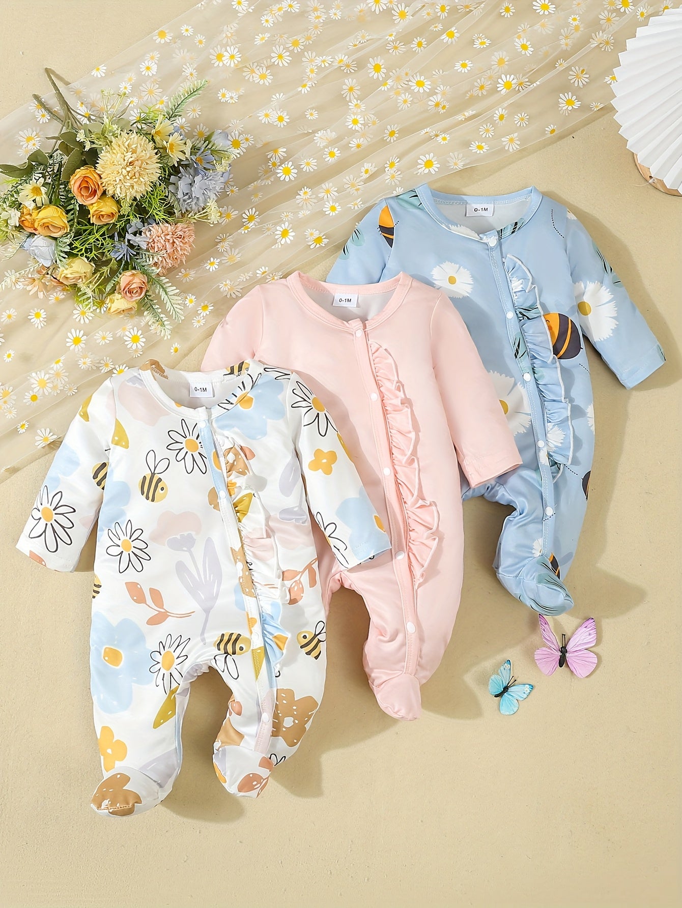 Luna & Lino Kit Romper Bebê – 3 Peças com Estampa de Borboletas e Faixa de Cabelo