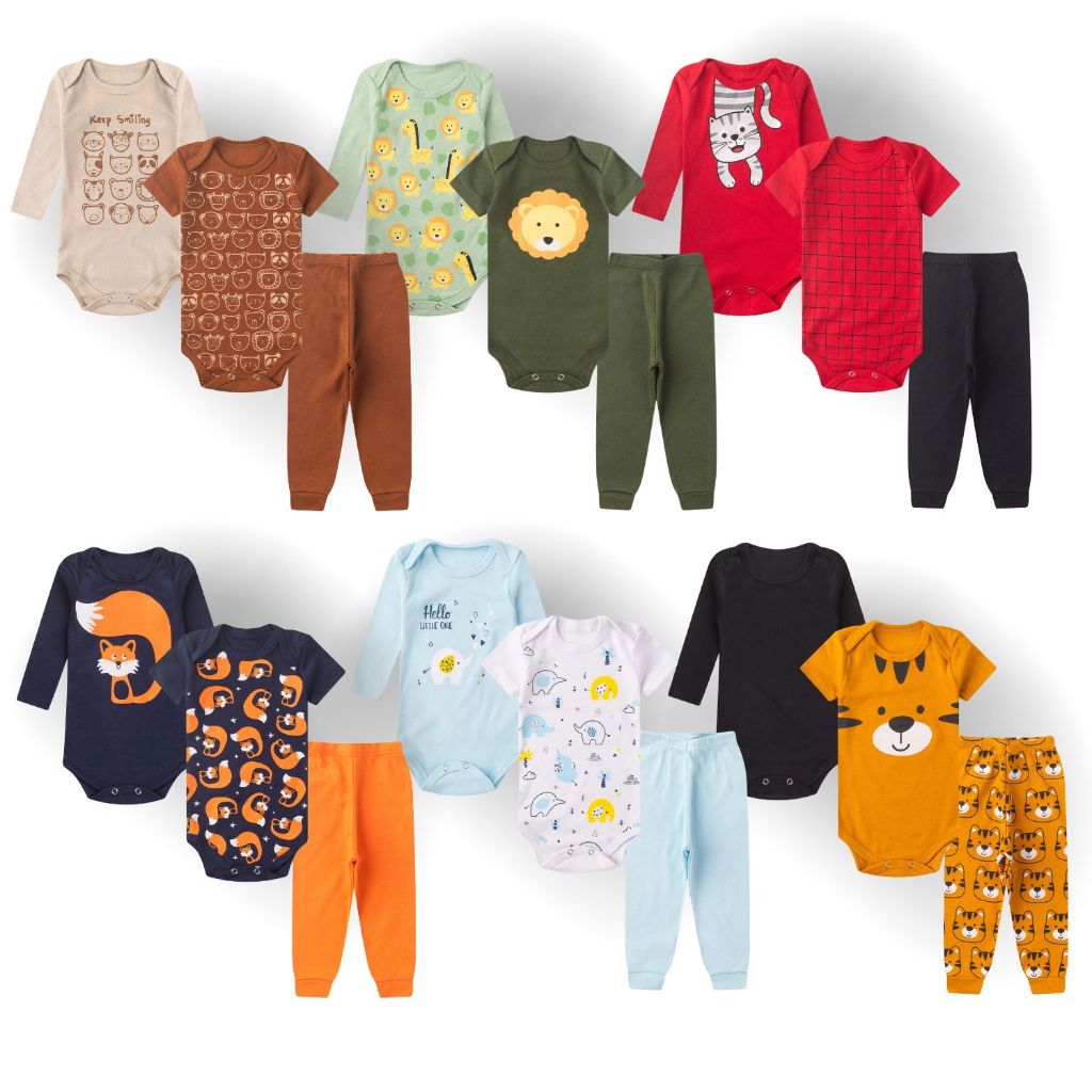 Kit 18 Peças Luna & Lino – Trijuntos de Bebê Menino em Algodão Suedine para Verão e Inverno