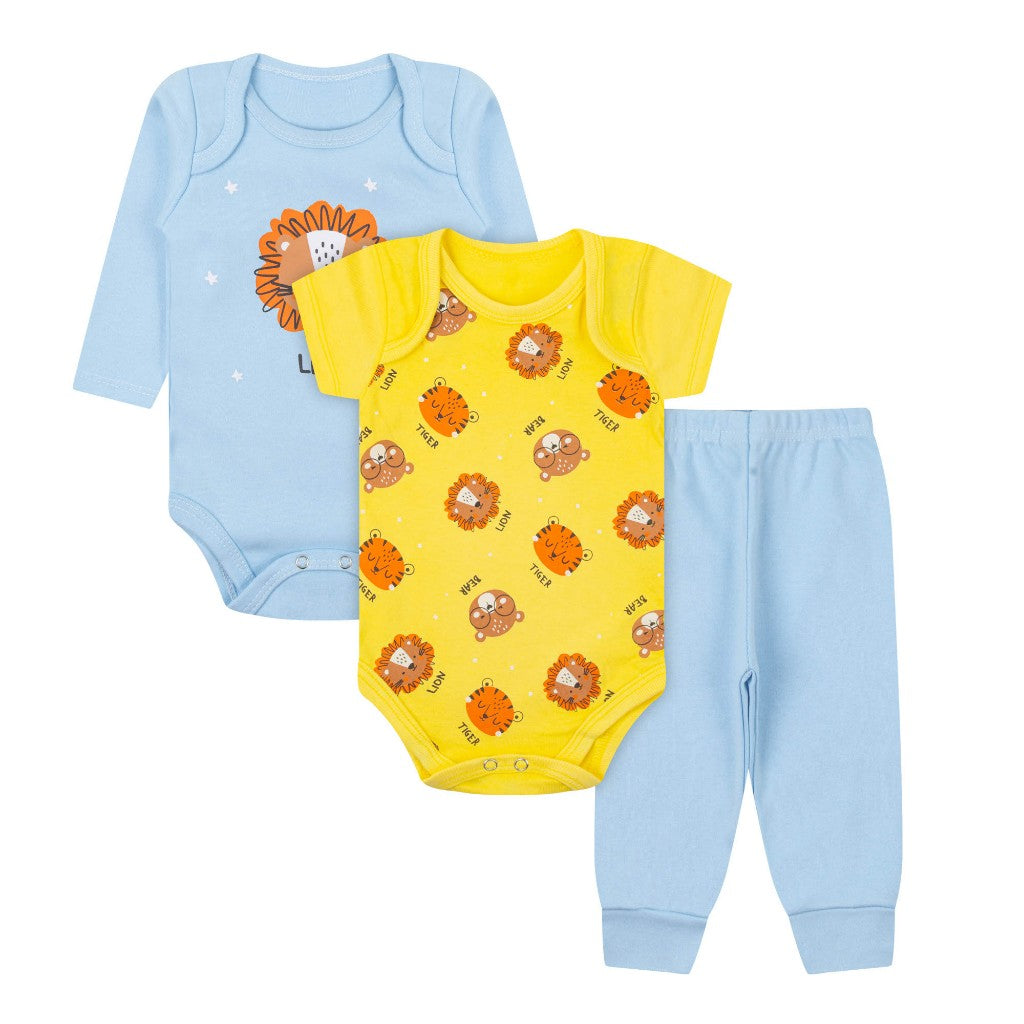 Kit 18 Peças Luna & Lino – Trijuntos de Bebê Menino em Algodão Suedine para Verão e Inverno