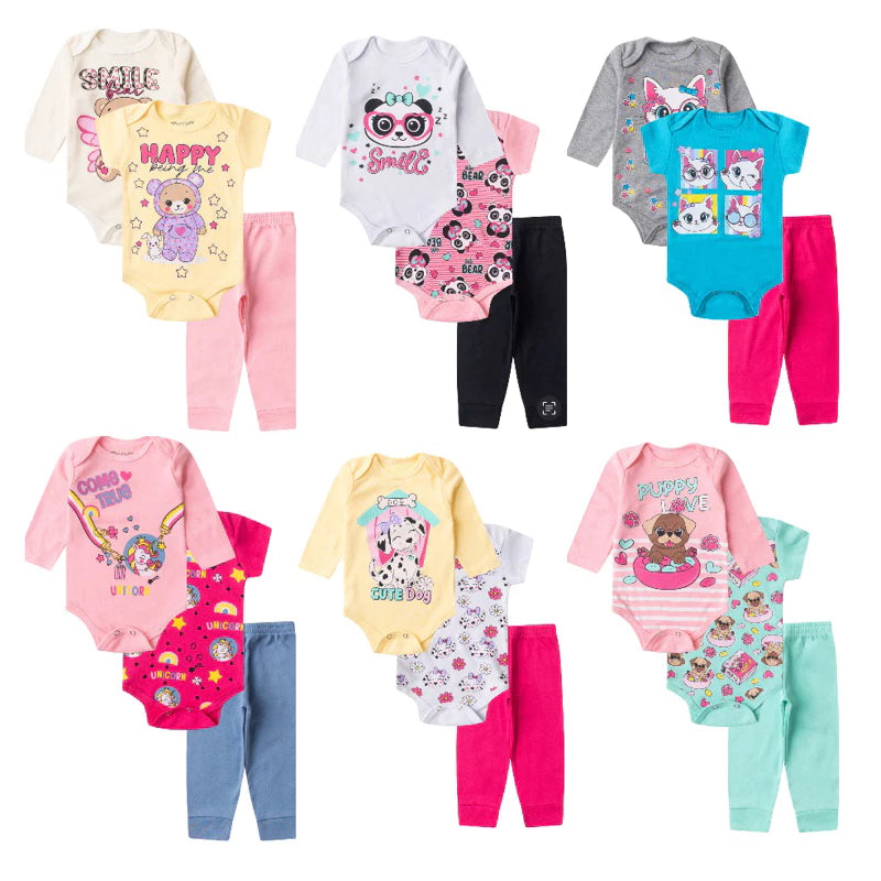Kit 18 Peças Luna & Lino – Body Infantil Bebê Menina Trijunto Completo em Algodão Suedine