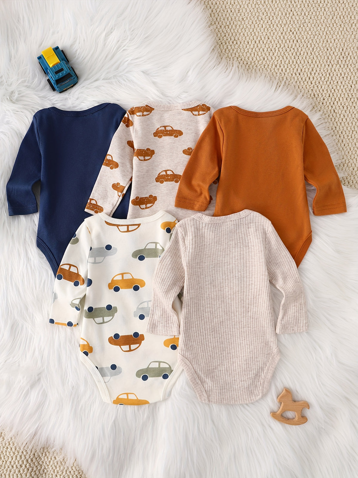 Luna & Lino Kit Body Bebê – 5 Peças de Manga Longa com Estampa de Carrinhos