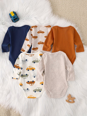 Luna & Lino Kit Body Bebê – 5 Peças de Manga Longa com Estampa de Carrinhos