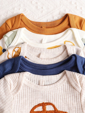 Luna & Lino Kit Body Bebê – 5 Peças de Manga Longa com Estampa de Carrinhos