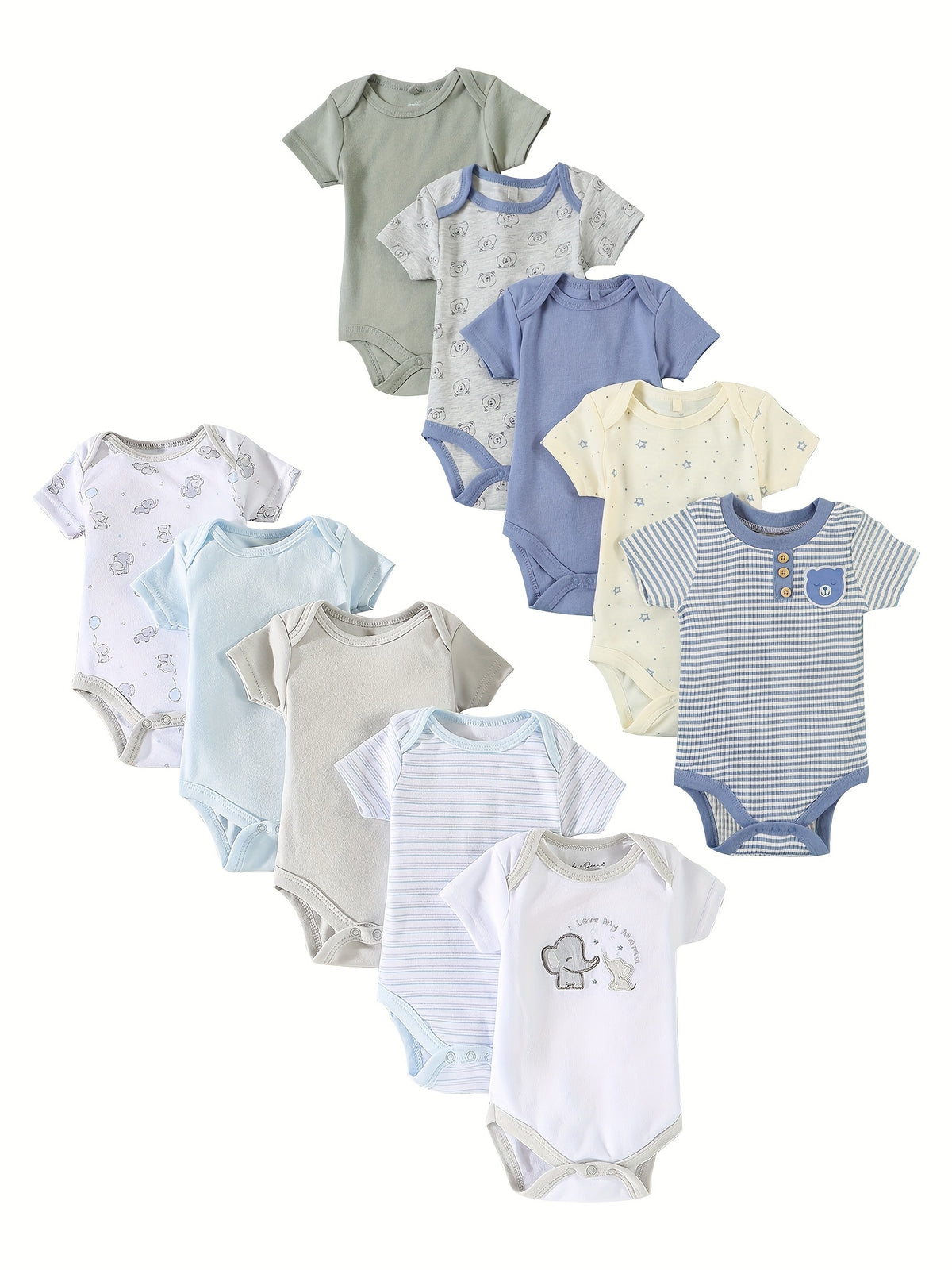 Luna & Lino Kit Body Bebê Cozy Comfort – 10 Peças em Algodão com Bordados de Urso e Elefante