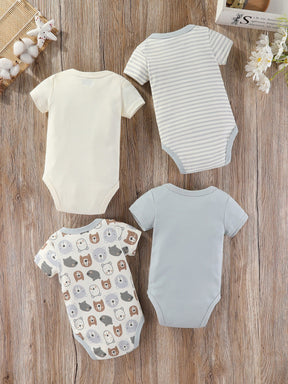 Luna & Lino Kit Romper Bebê – 4 Peças em Tons Pastel com Estampa de Ursinho