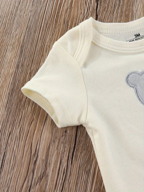 Luna & Lino Kit Romper Bebê – 4 Peças em Tons Pastel com Estampa de Ursinho