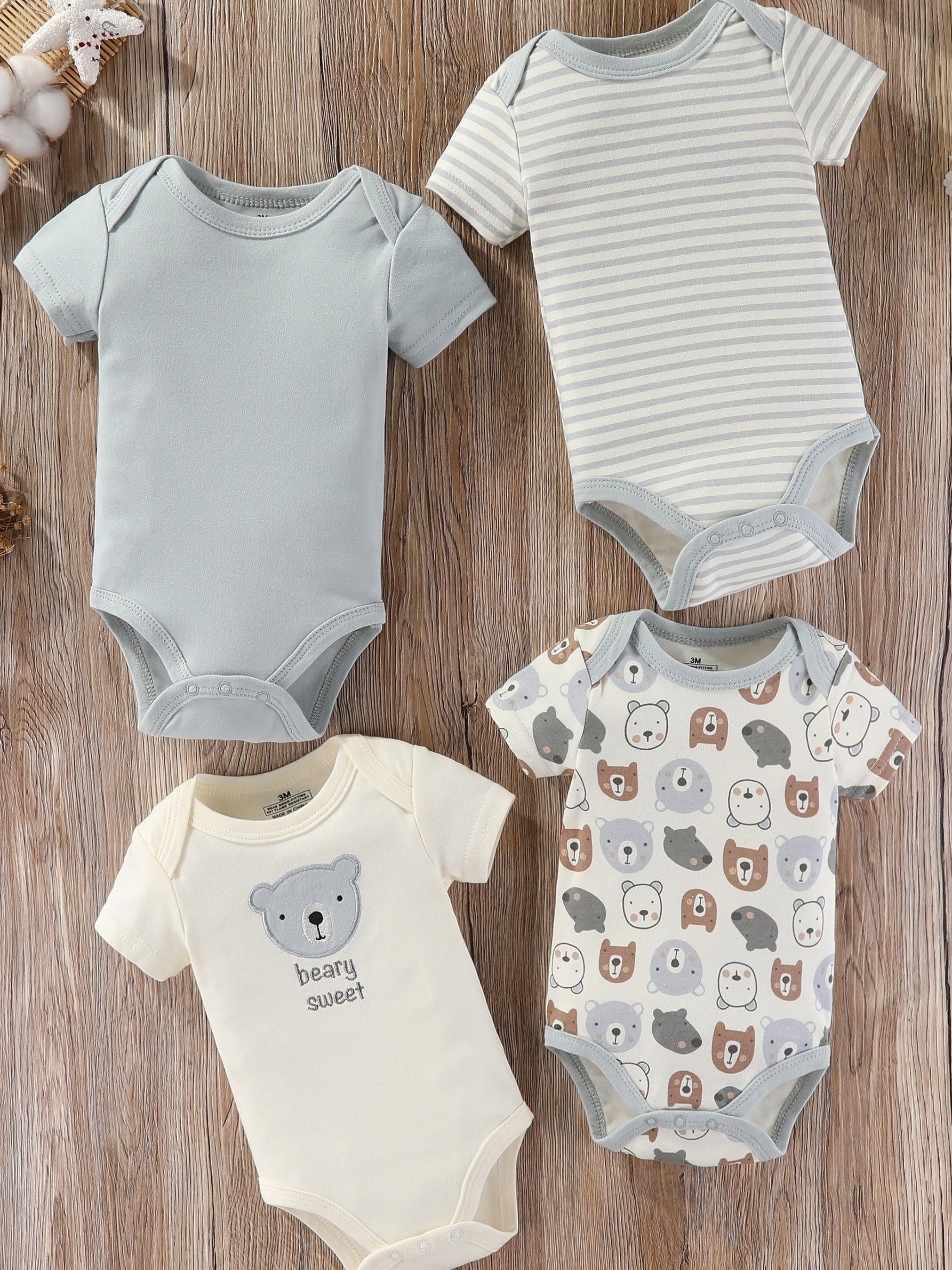 Luna & Lino Kit Romper Bebê – 4 Peças em Tons Pastel com Estampa de Ursinho