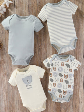 Luna & Lino Kit Romper Bebê – 4 Peças em Tons Pastel com Estampa de Ursinho