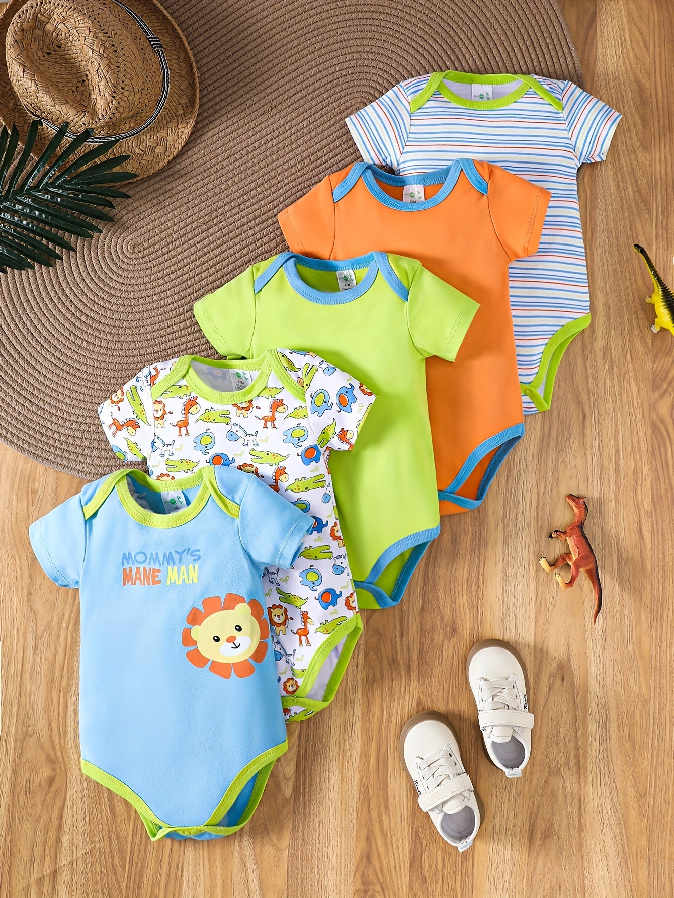 Luna & Lino Kit Romper Bebê – 5 Peças em Algodão com Estampas de Animais