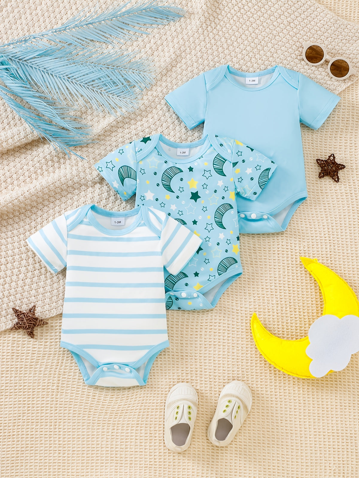 Luna & Lino Conjunto Bebê Starry Skies – Kit 3 Peças de Verão com Estampa de Estrelas