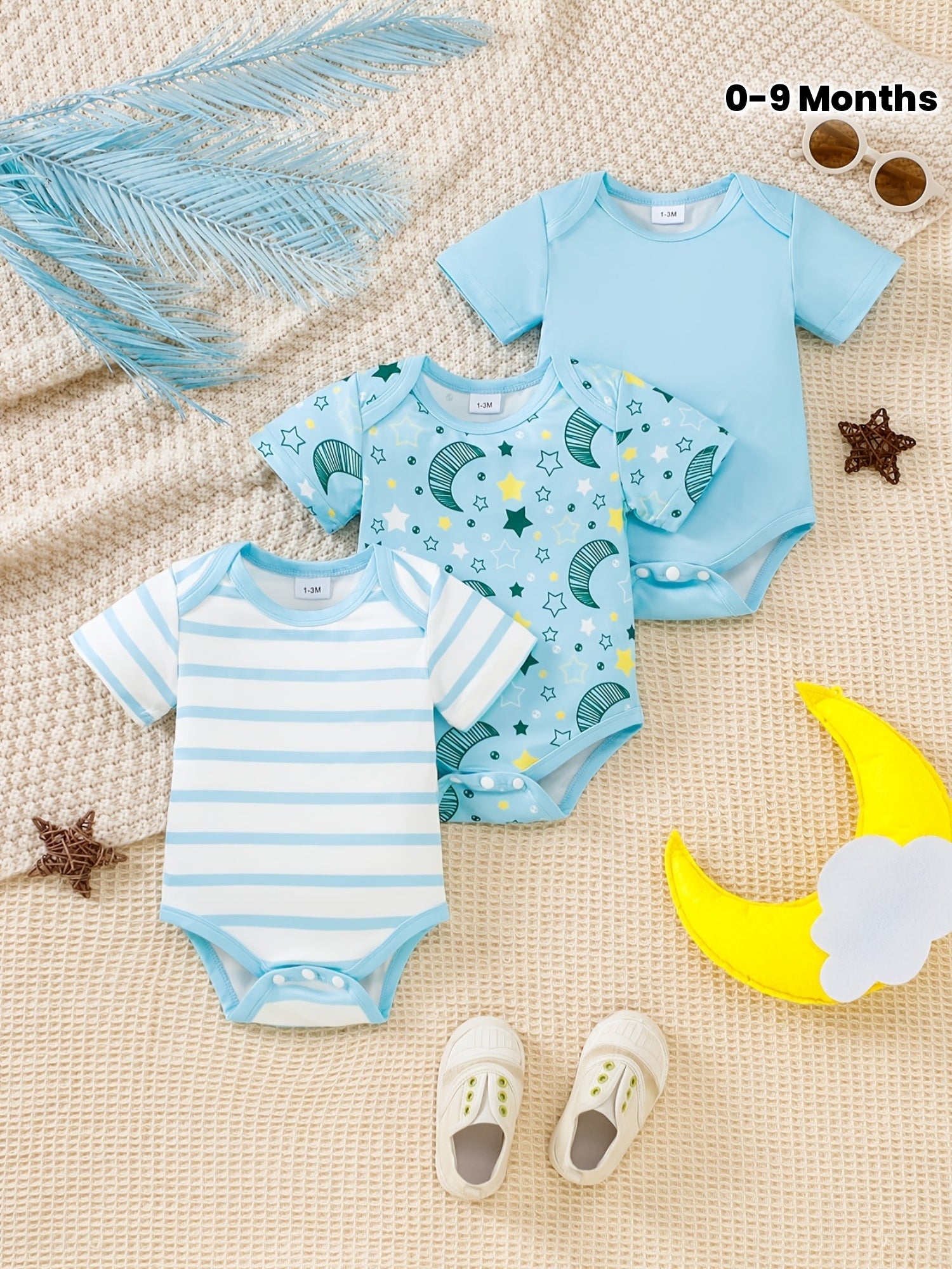 Luna & Lino Conjunto Bebê Starry Skies – Kit 3 Peças de Verão com Estampa de Estrelas