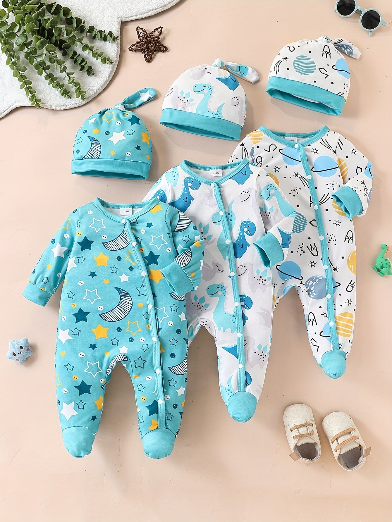 Luna & Lino Conjunto Bebê Celestial Dino – Kit 6 Peças com Estampa de Estrelas e Dinossauros