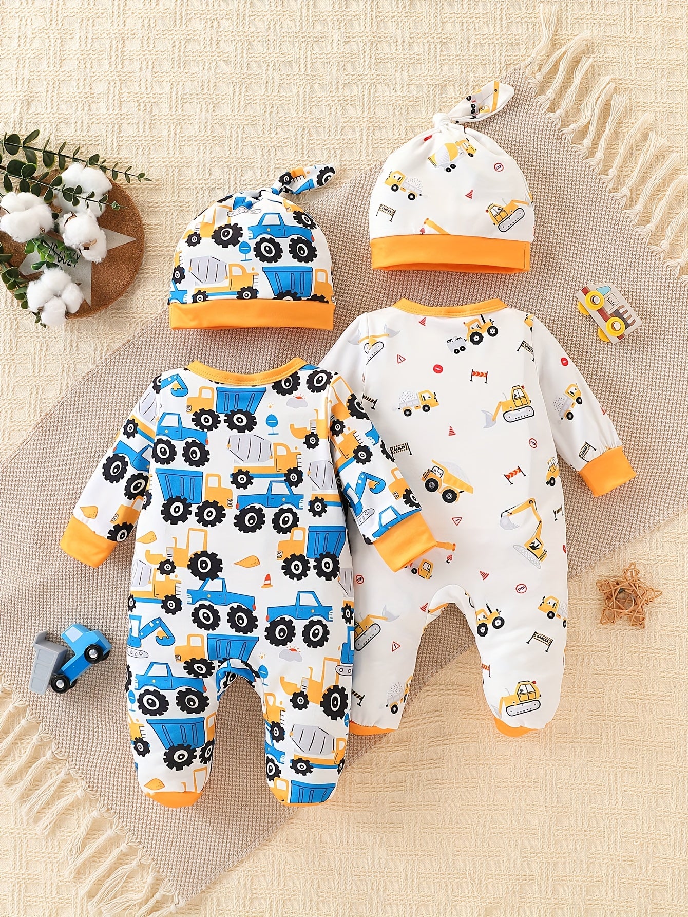 Luna & Lino Conjunto Bebê Construction Crew – Kit 4 Peças com Estampa de Veículos de Construção