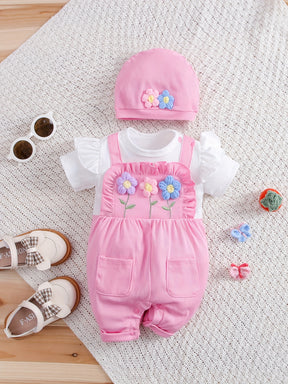 Luna & Lino Conjunto Bebê Blossom – Body Floral de Manga Curta com Chapéu