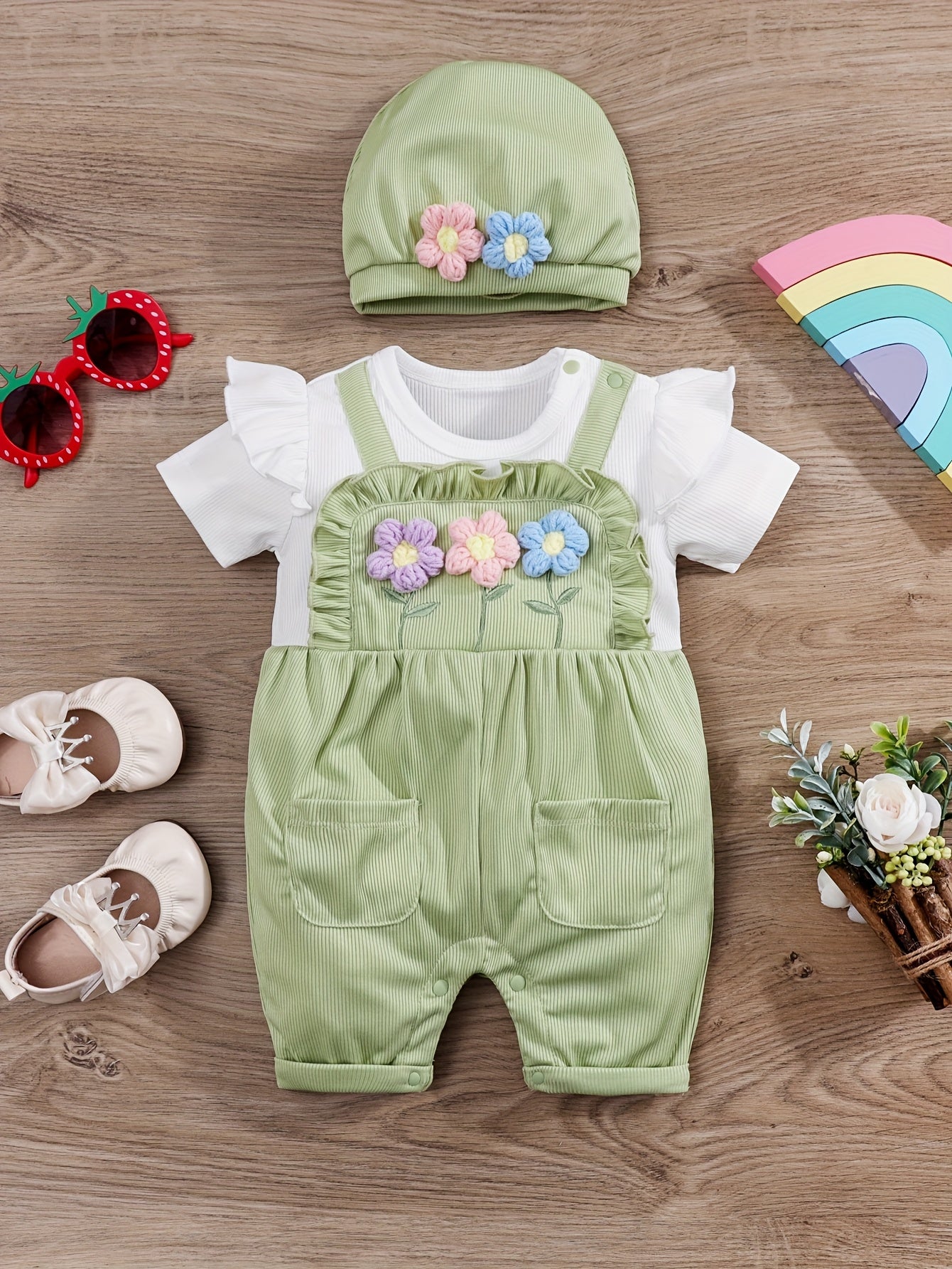 Luna & Lino Conjunto Bebê Blossom – Body Floral de Manga Curta com Chapéu