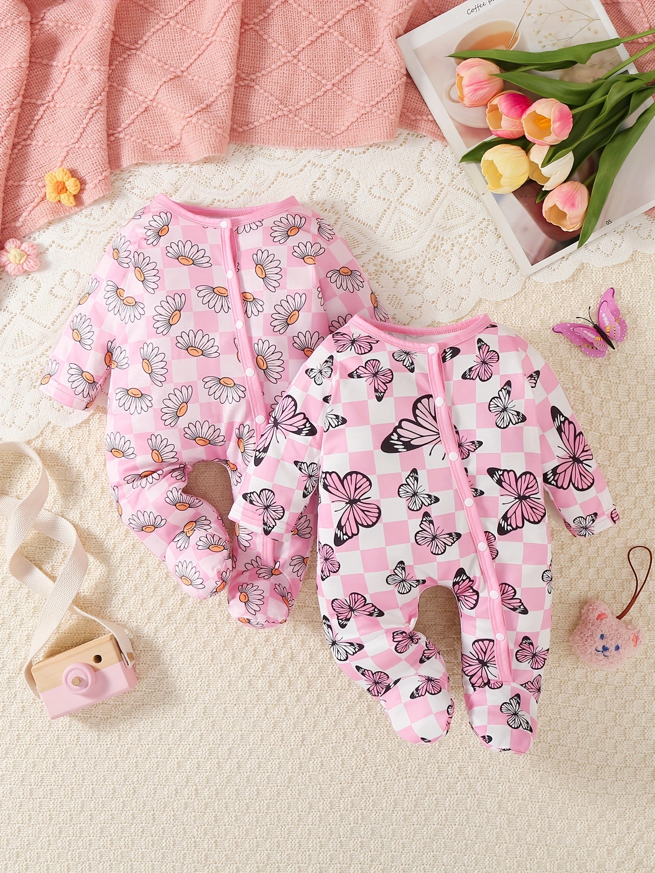 Luna & Lino Kit Romper Bebê – 2 Peças Florais com Borboletas e Sapatinhos