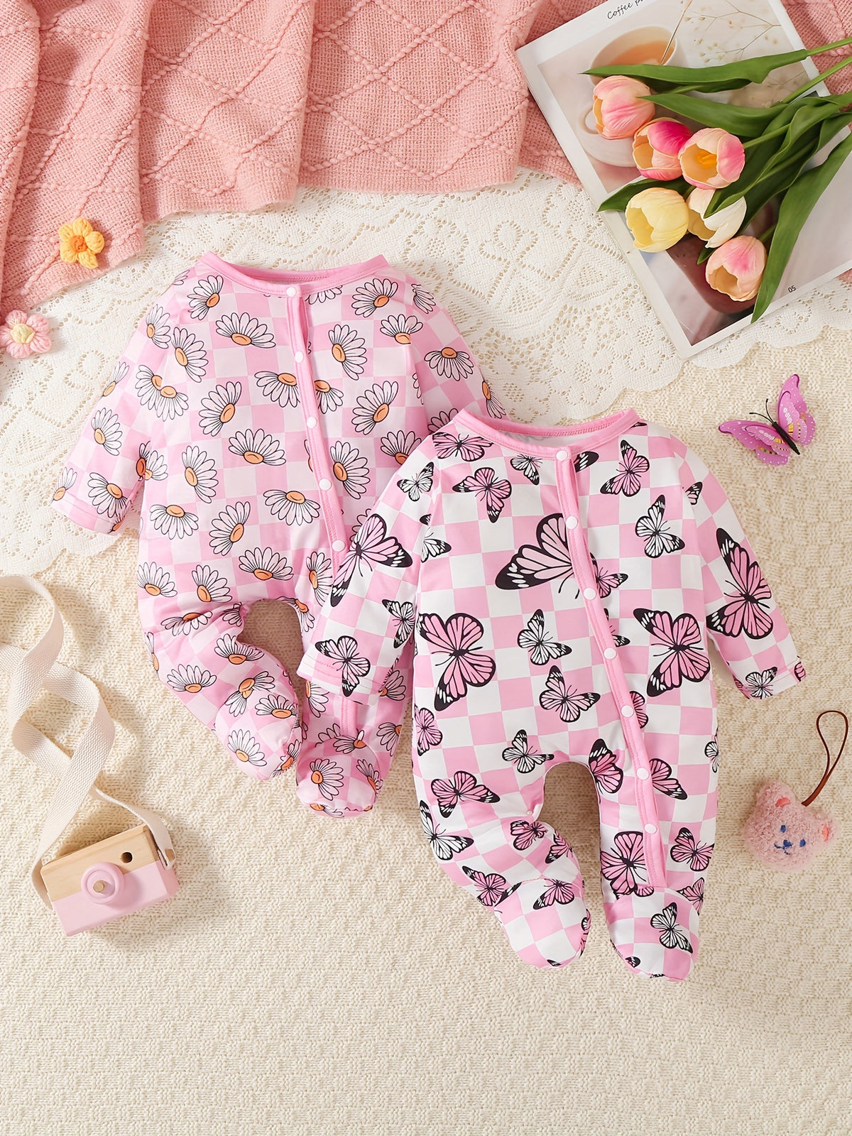 Luna & Lino Kit Romper Bebê – 2 Peças Florais com Borboletas e Sapatinhos