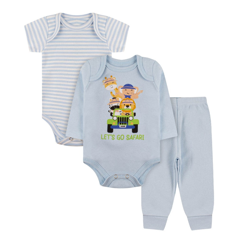 Kit 18 Peças Luna & Lino – Trijuntos de Bebê Menino em Algodão Suedine para Verão e Inverno