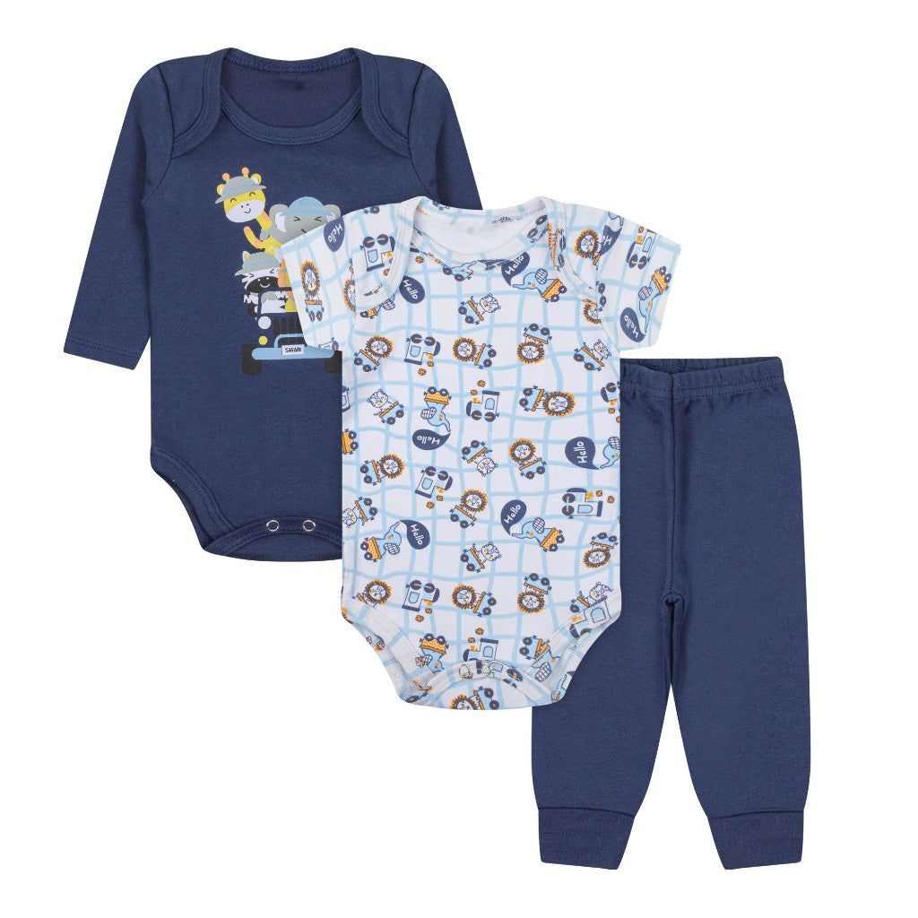 Kit 18 Peças Luna & Lino – Trijuntos de Bebê Menino em Algodão Suedine para Verão e Inverno
