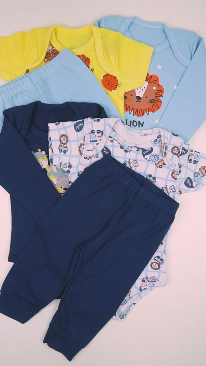 Kit 18 Peças Luna & Lino – Trijuntos de Bebê Menino em Algodão Suedine para Verão e Inverno